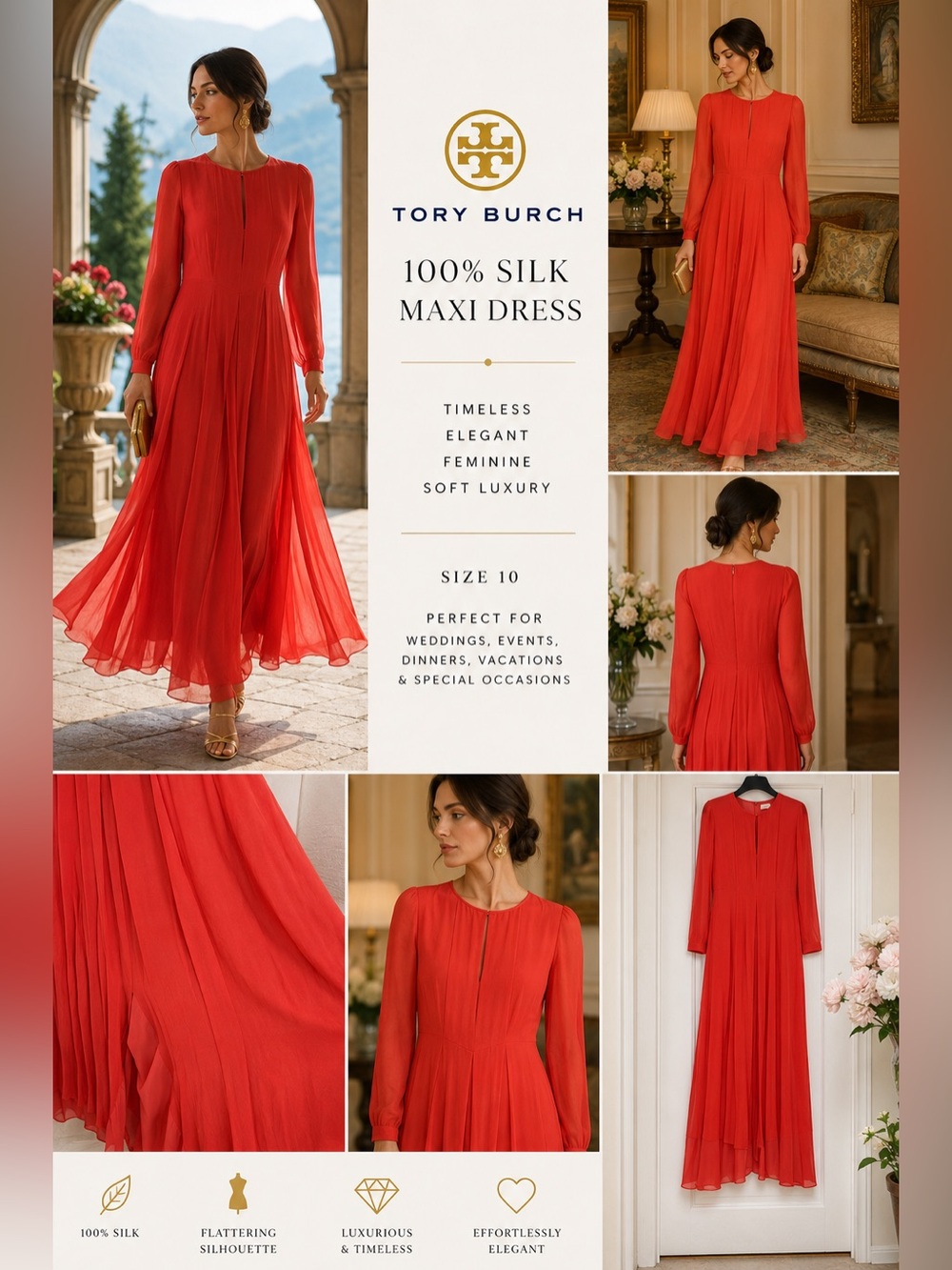 Beautiful Tory Burch 100% Silk Maxi Dress Size 10